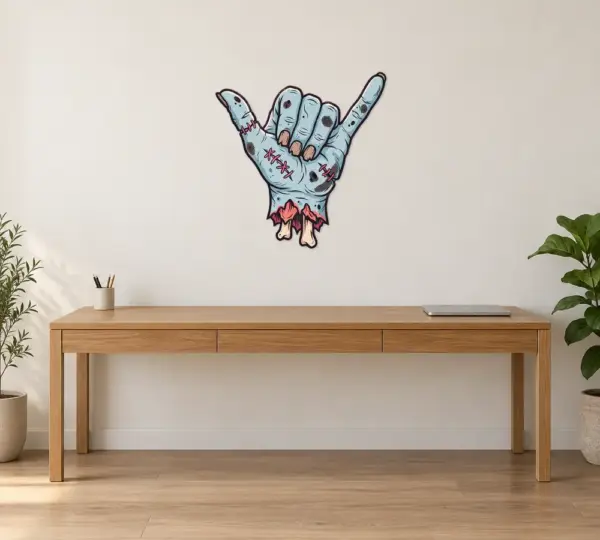 Zombiehand Konturschild, 600 × 616 mm, Dibond, frontal im Raum
