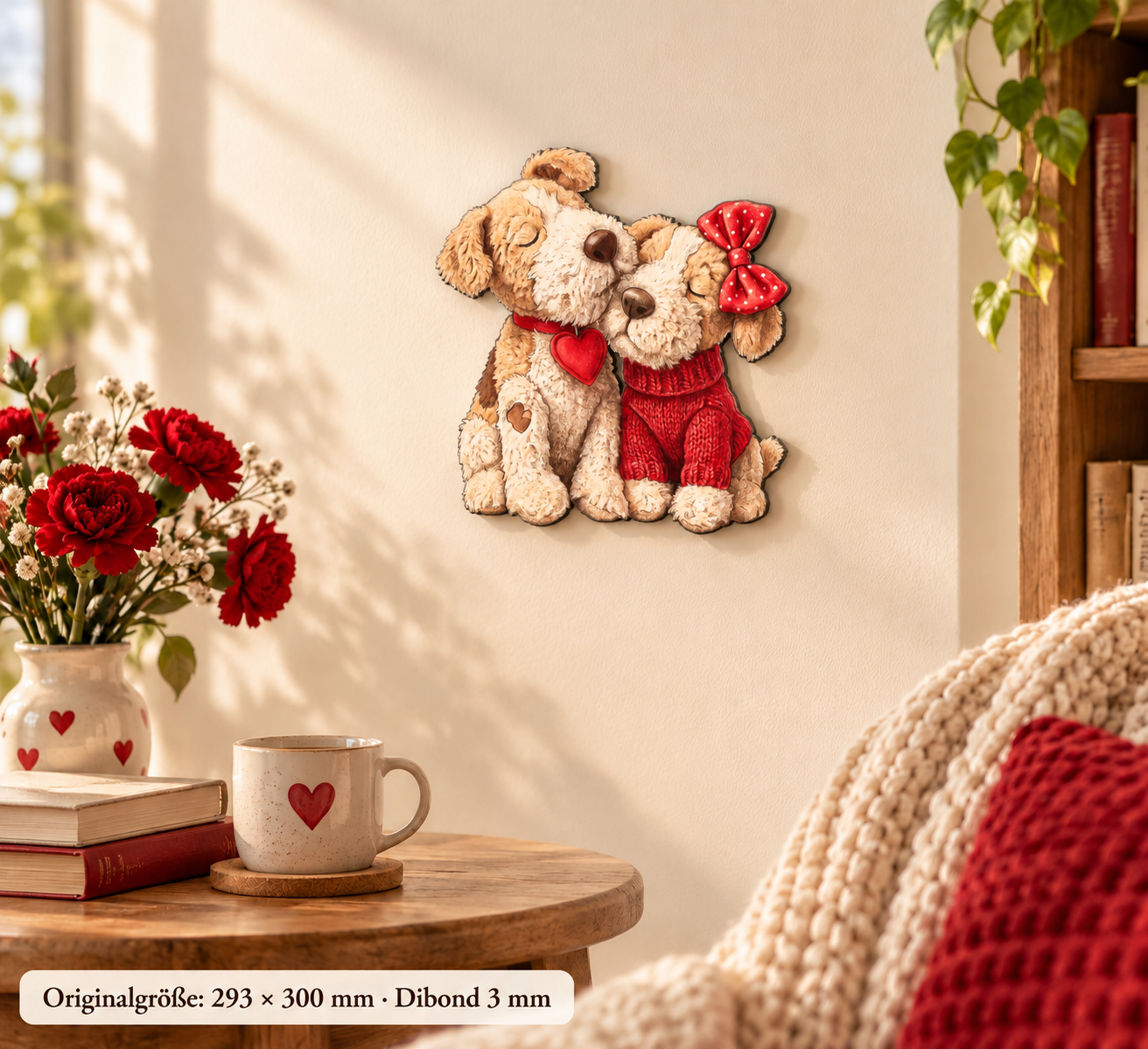 Doggy Cuple Konturschild, 293 × 300 mm, Dibond 3 mm, Wohnzimmer Close-up schräg rechts