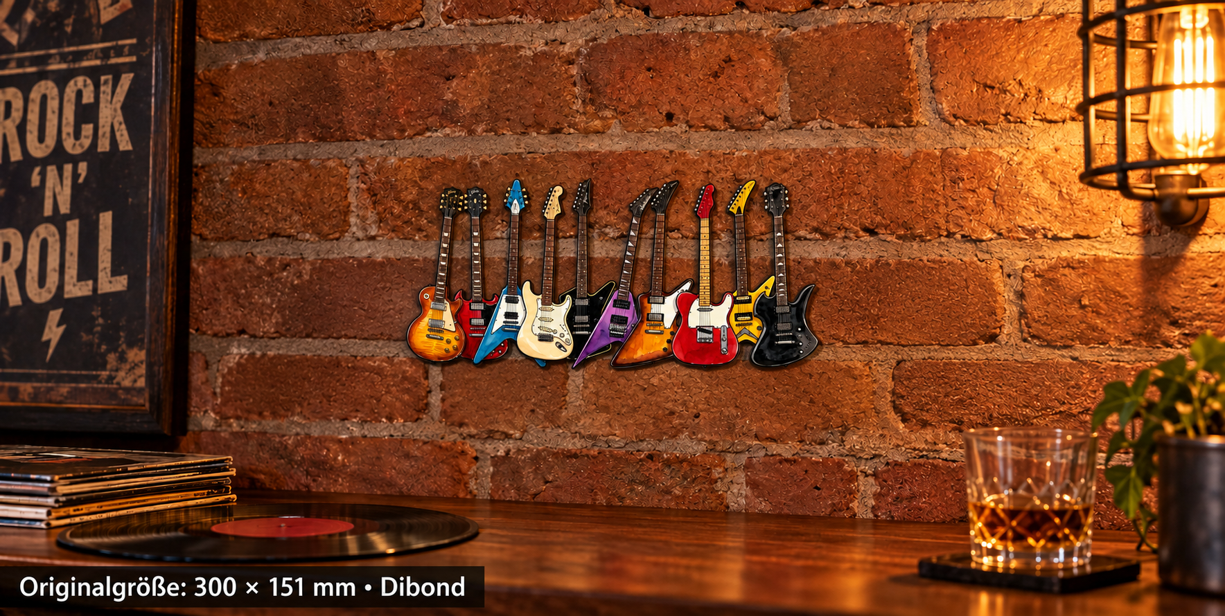 Electric Rock als mattes Dibond-Konturschild, 300 × 151 mm, Rockkneipe, Nahaufnahme.