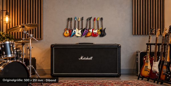 Electric Rock als mattes Dibond-Konturschild, 500 × 251 mm, Proberaum, Totale.