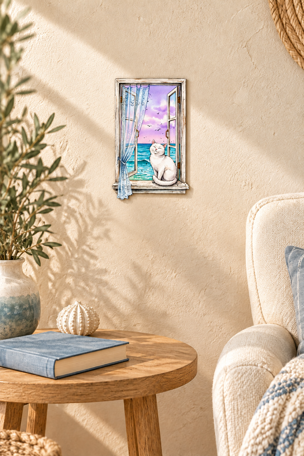 Fenster zur See, Konturschild mit weißer Katze, 187 × 300 mm aus Dibond, Nahaufnahme, frontal