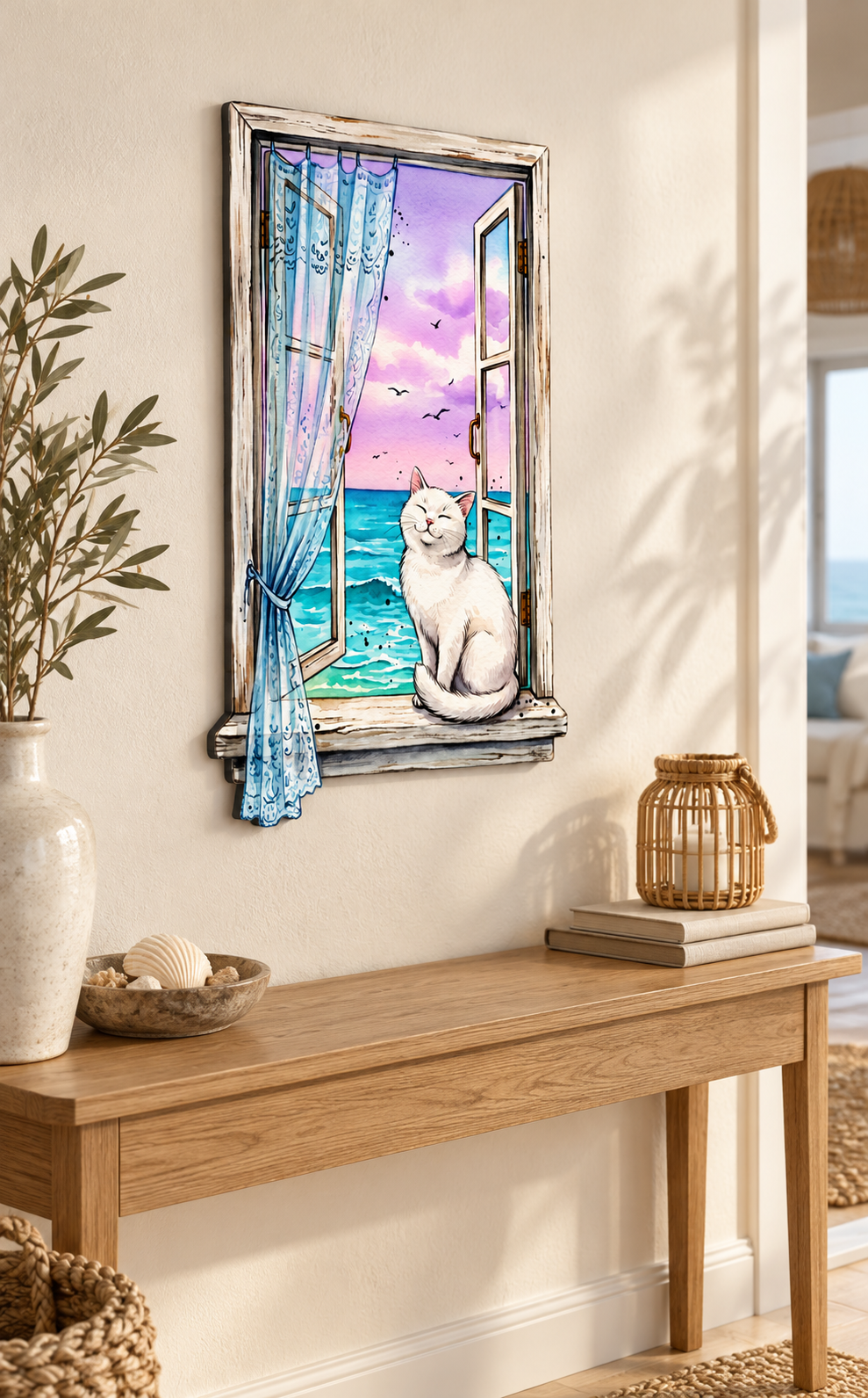 Fenster zur See, Konturschild mit weißer Katze, 311 × 500 mm aus Dibond, mittlere Ansicht, 35 Grad von links