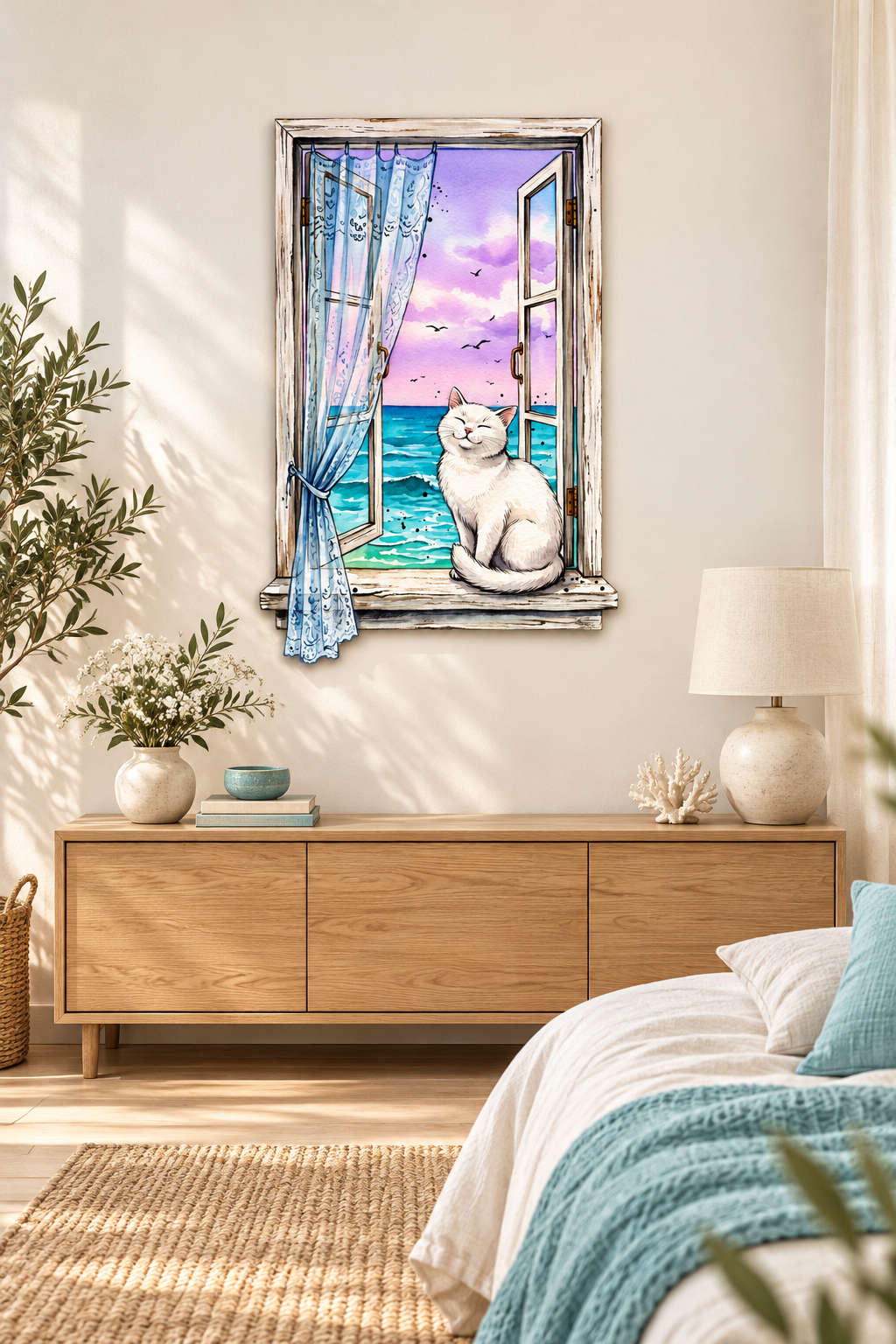 Fenster zur See, Konturschild mit weißer Katze, 560 × 900 mm aus Dibond, Totale, frontal