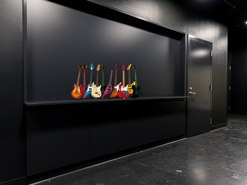 Gitarre-Siebdruck als Dibond-Kontur, 900x493 mm, Backstage-Clubflur.