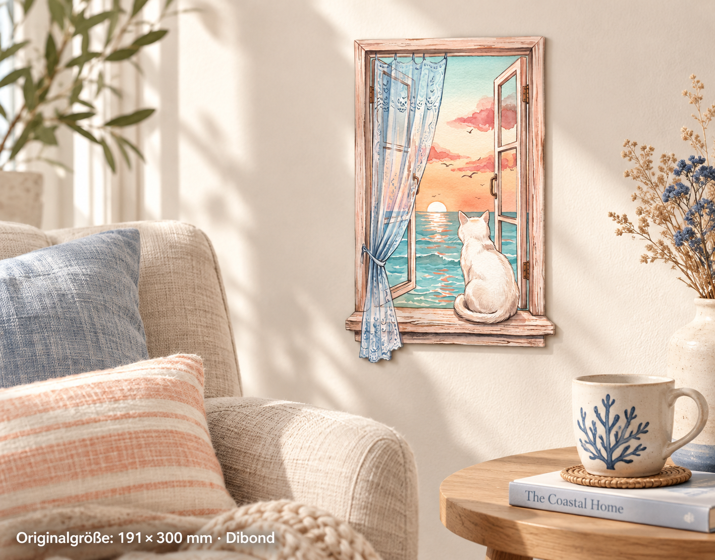 Katze im Fenster als Dibond-Wandschild 191 × 300 mm im Raum