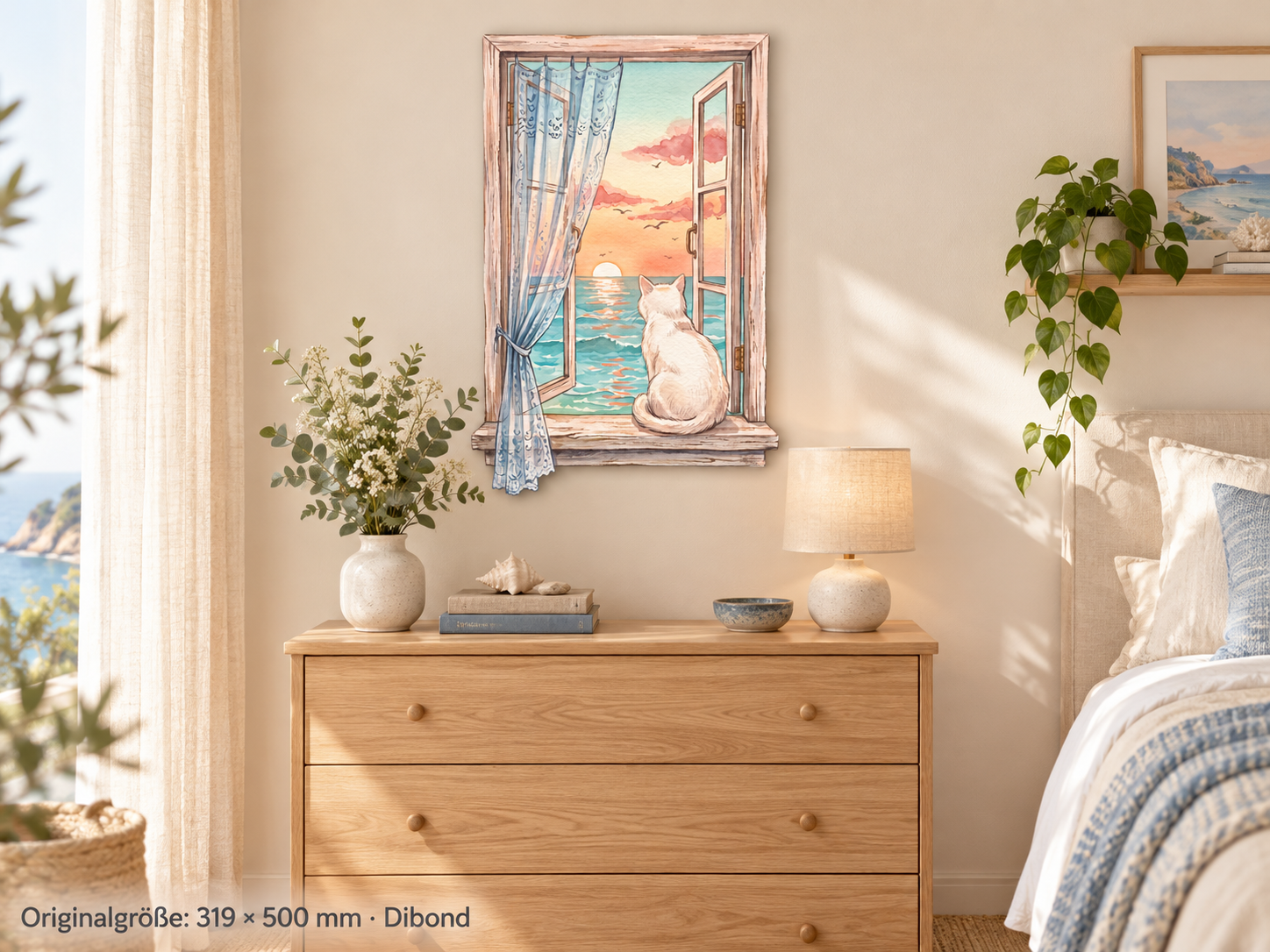 Katze im Fenster als Dibond-Wandschild 319 × 500 mm im Raum