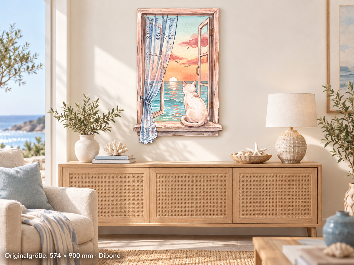 Katze im Fenster als Dibond-Wandschild 574 × 900 mm im Raum