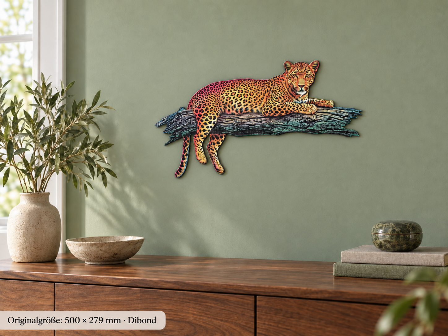 Leopard – 500 × 279 mm · Dibond · mittel als Konturschild im Raum.