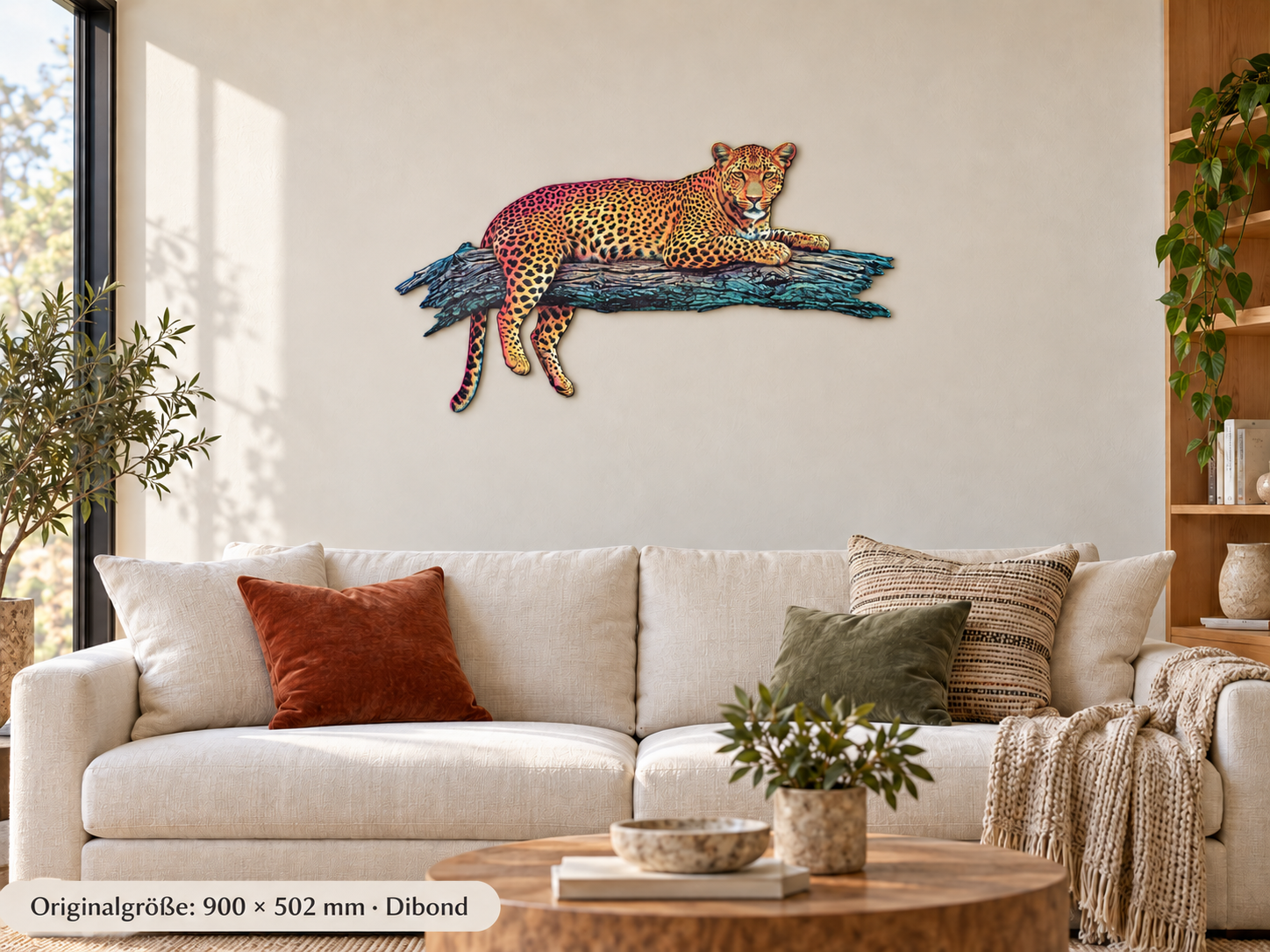 Leopard – 900 × 502 mm · Dibond · totale als Konturschild im Raum.