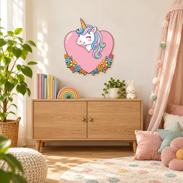 Love my Unicorn – 255 × 300 mm – Dibond – frontal in einer verspielten Kinderwelt