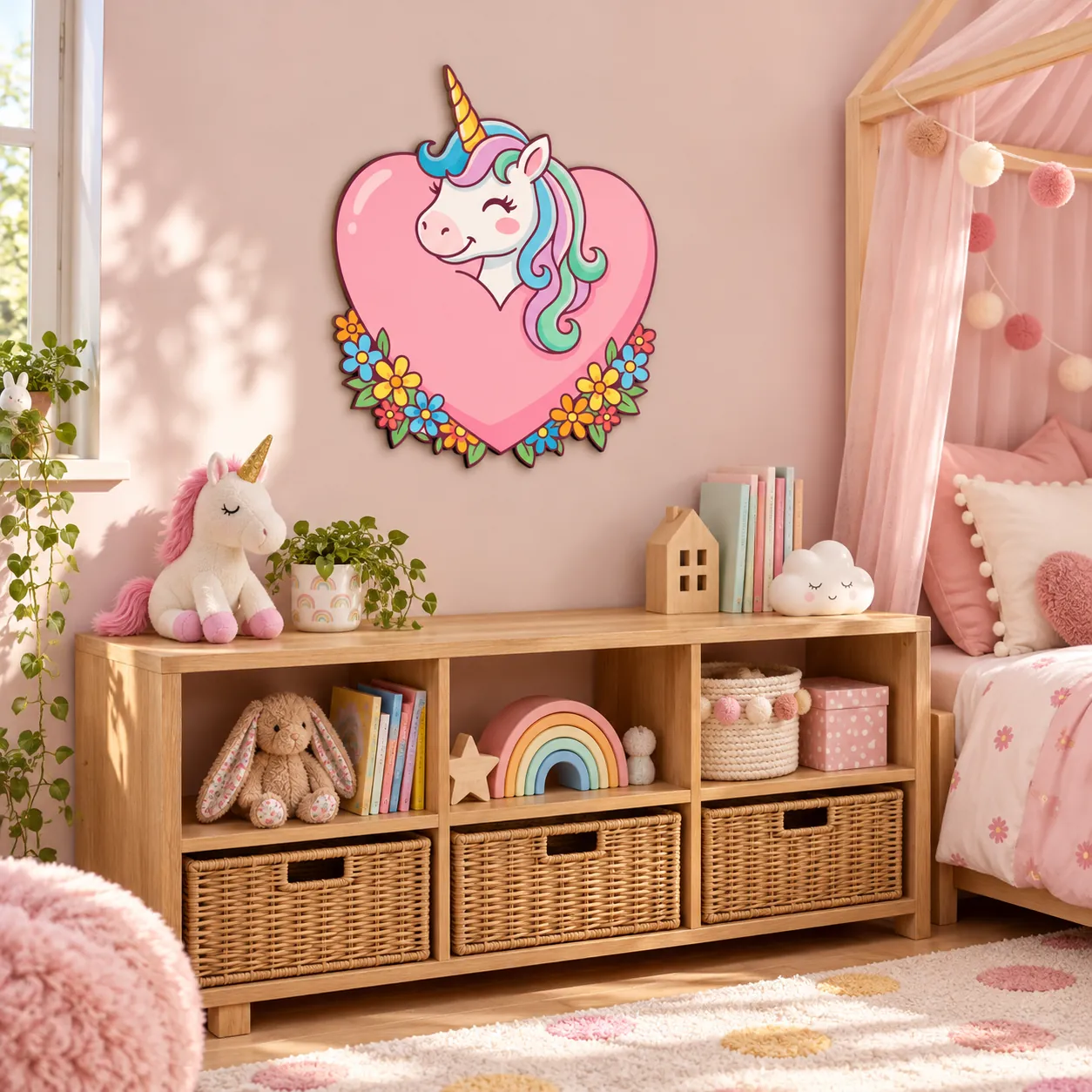 Love my Unicorn – 426 × 500 mm – Dibond – schraeg-links in einer verspielten Kinderwelt
