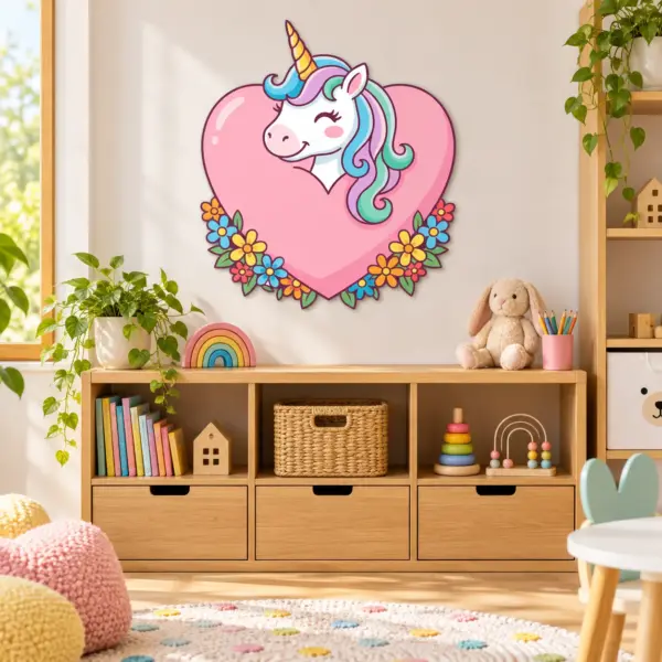 Love my Unicorn – 766 × 900 mm – Dibond – frontal in einer verspielten Kinderwelt