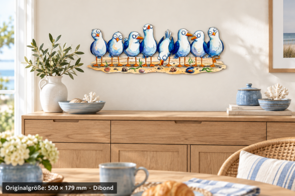 Möwen am Strand als Dibond-Konturschild 500 × 179 mm im Küstenraum