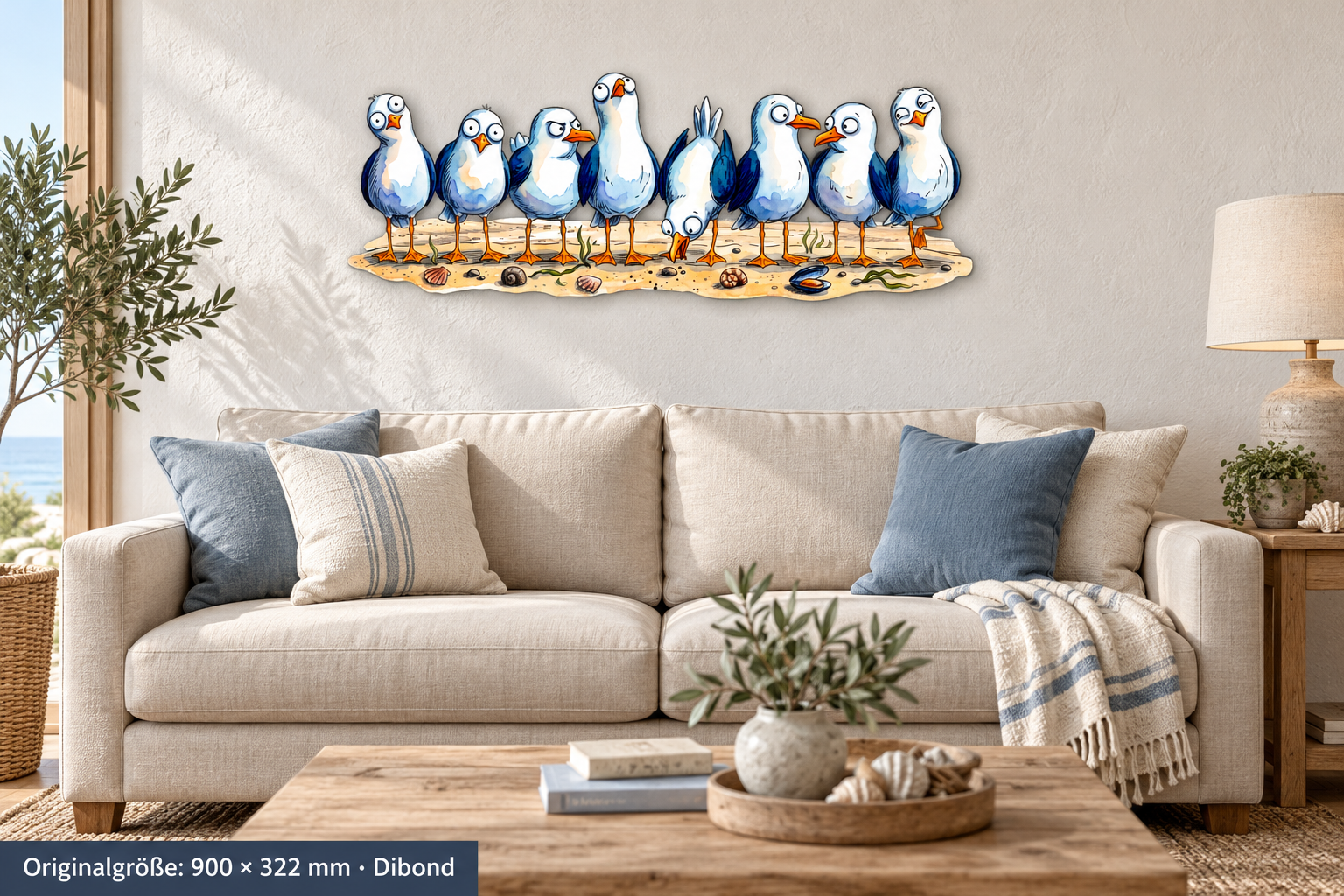 Möwen am Strand als Dibond-Konturschild 900 × 322 mm im Küstenraum
