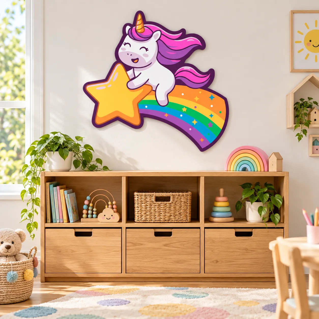 Over the rainbow – 900 × 900 mm – Dibond – frontal in einer verspielten Kinderwelt
