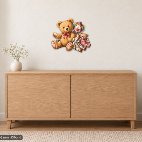 Teddymess 300x268 mm Dibond Raumbild Teddymess Konturschild aus Dibond, 300 × 268 mm, im Kinderzimmer