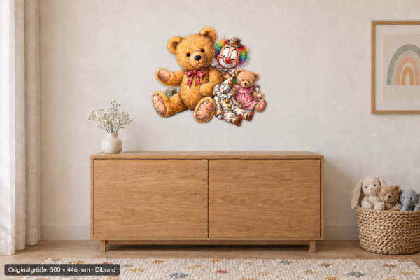 Teddymess Konturschild aus Dibond, 500 × 446 mm, im Kinderzimmer