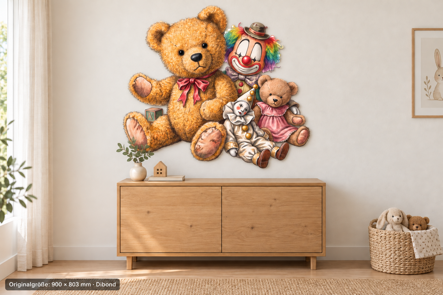 Teddymess Konturschild aus Dibond, 900 × 803 mm, im Kinderzimmer