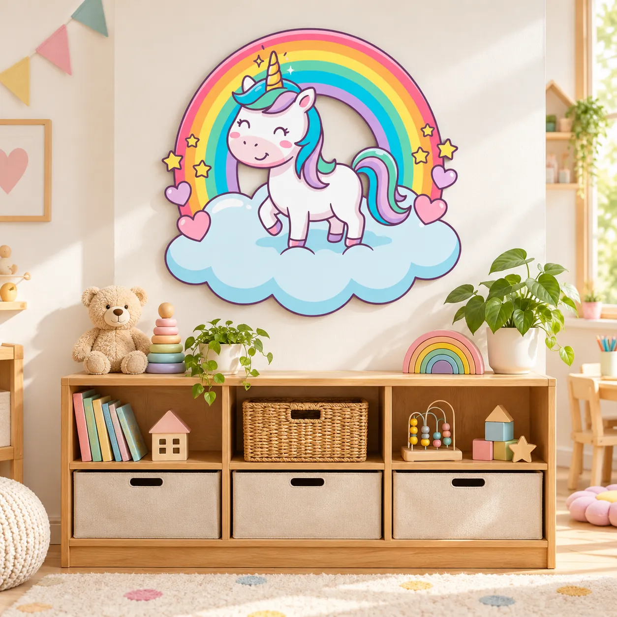 Wolke 7 – 900 × 900 mm – Dibond – frontal in einer verspielten Kinderwelt