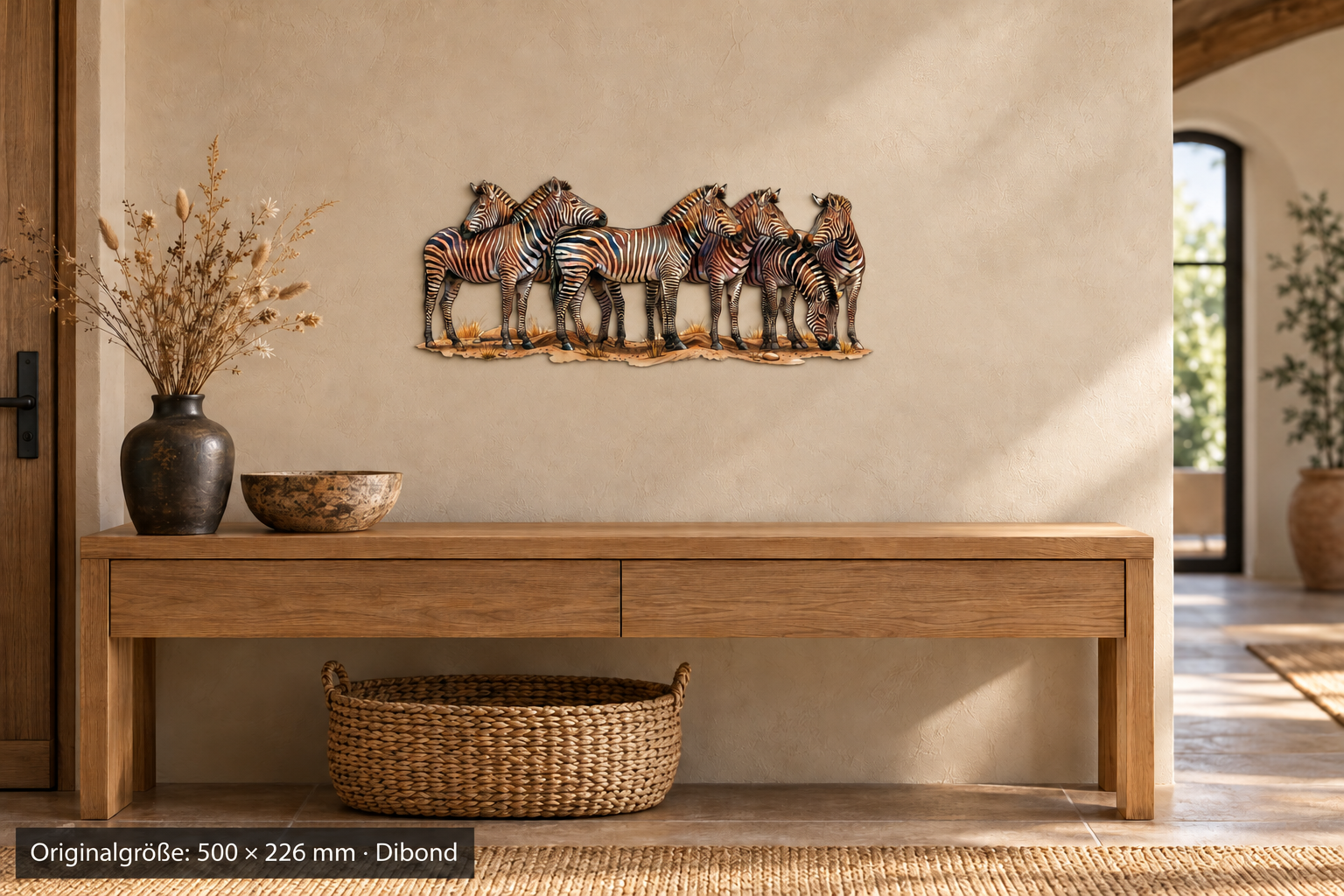 Zebra Konturschild, 500 × 226 mm, Dibond, Raumansicht