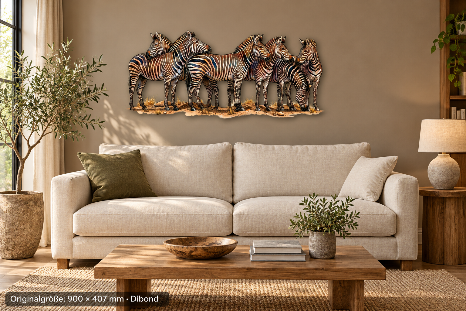 Zebra Konturschild, 900 × 407 mm, Dibond, Raumansicht